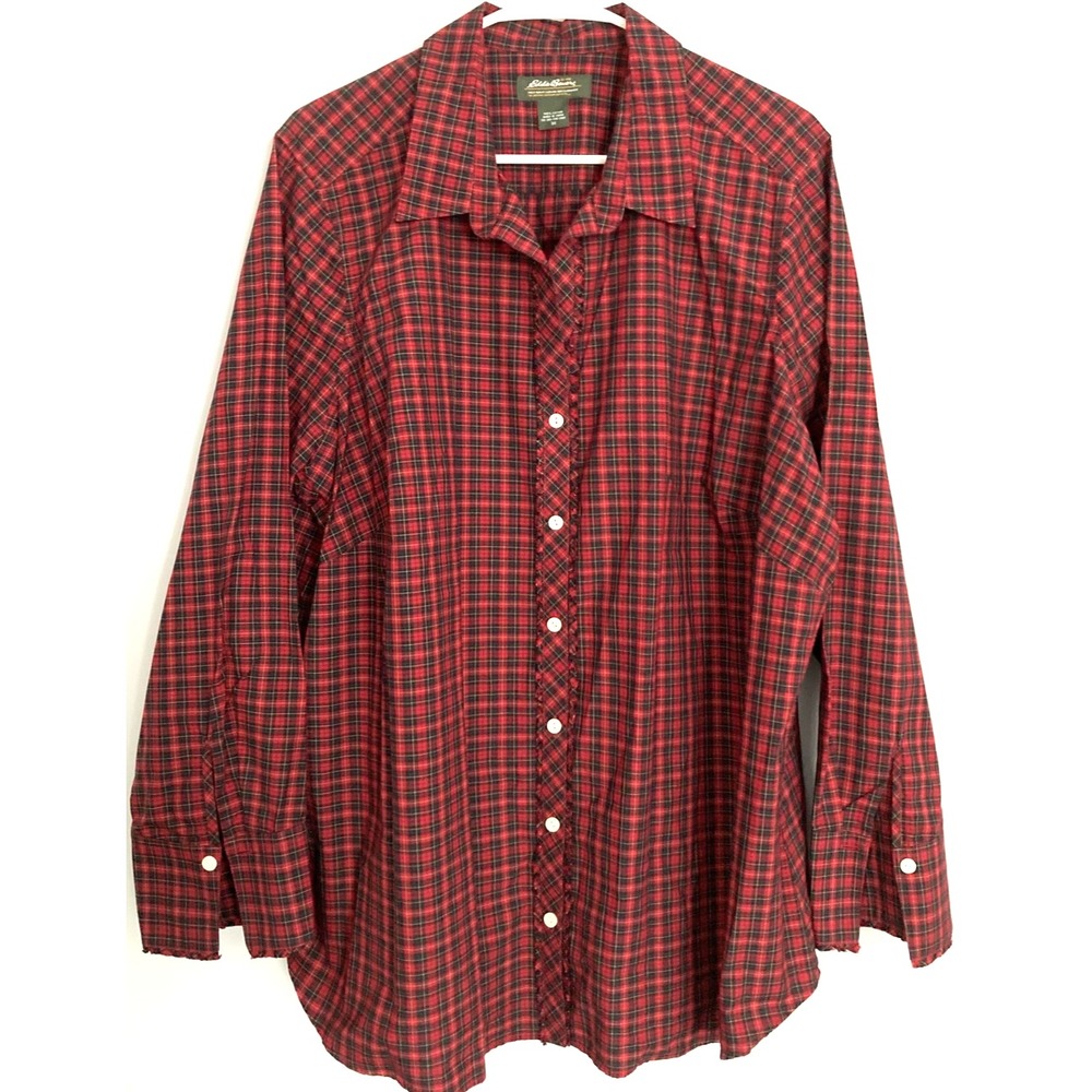 Eddie Bauer Shirt Womens 3X Red Plaid Button Front Long Sleeve Cotton Casual EUC